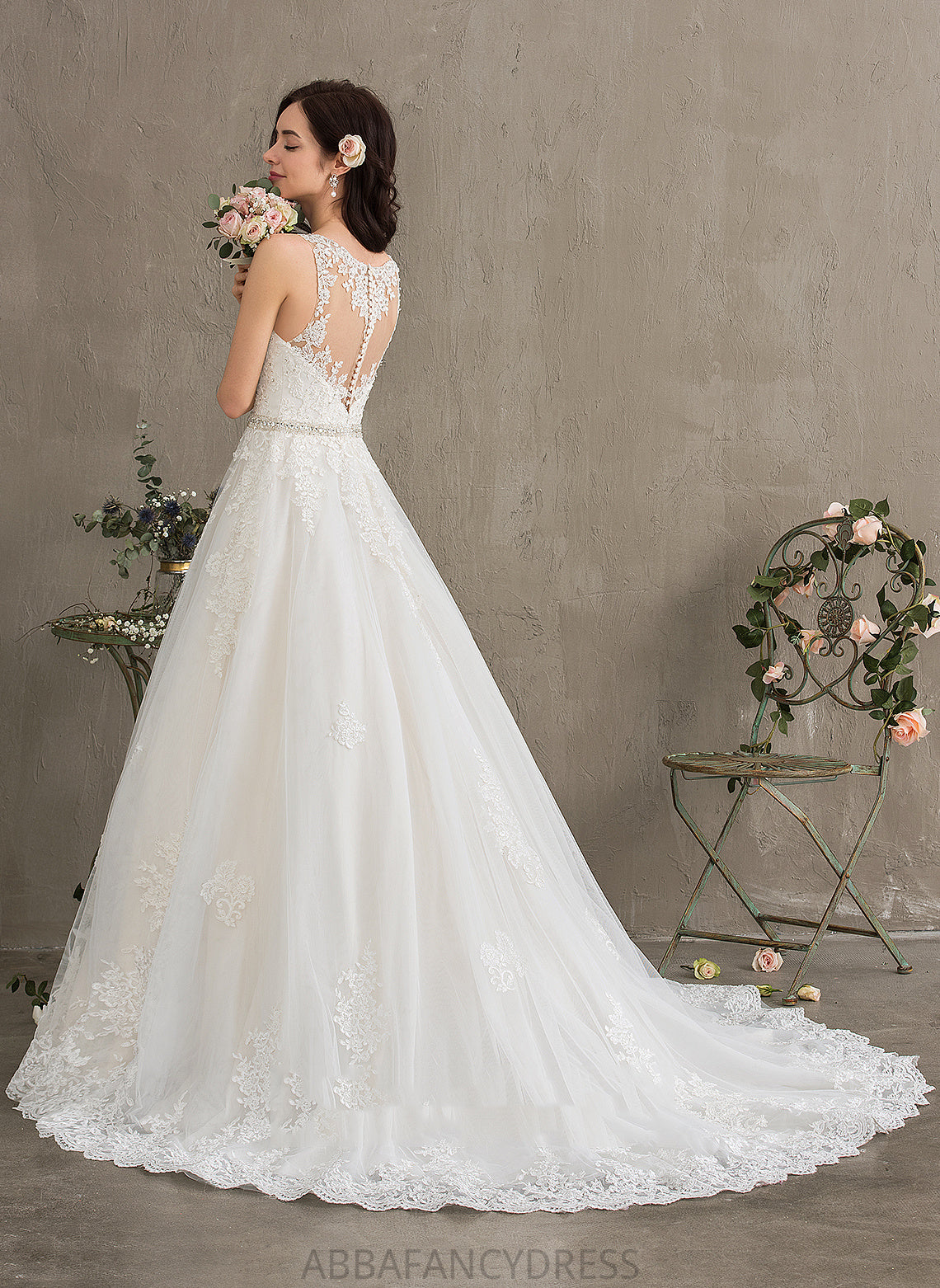 Wedding Wedding Dresses Train Dress Lace Elvira Tulle Sequins With Beading V-neck Court Ball-Gown/Princess