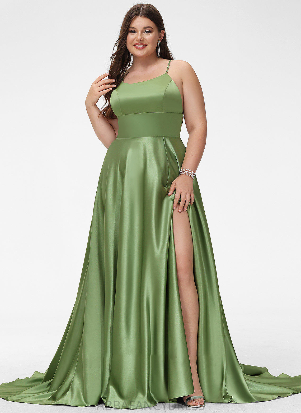 Scoop Neck Prom Dresses Front Sweep Satin With Train Split Dylan A-Line