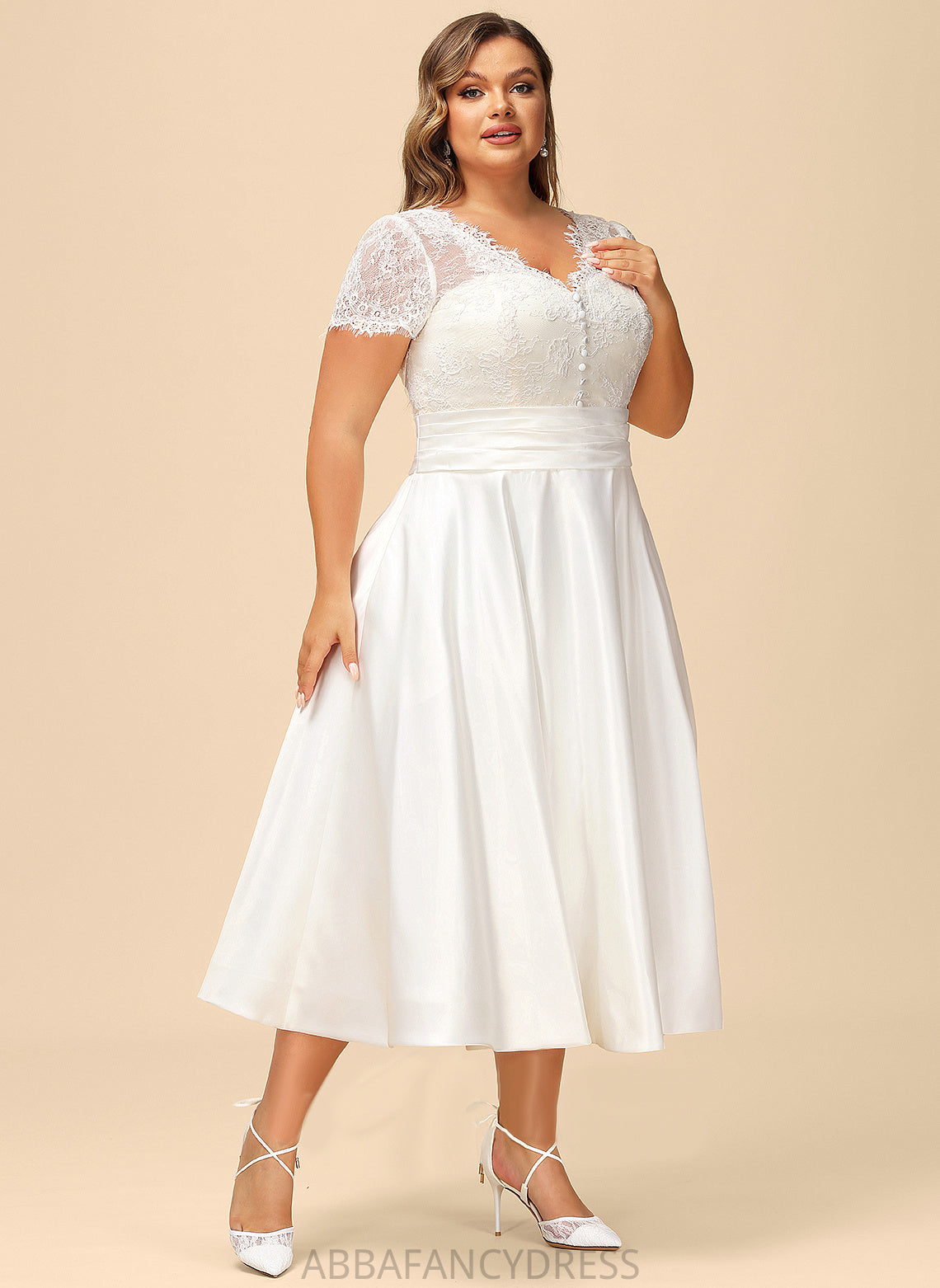 Satin Dress With Wedding A-Line Sophia Tea-Length Wedding Dresses Pockets Lace Ruffle V-neck