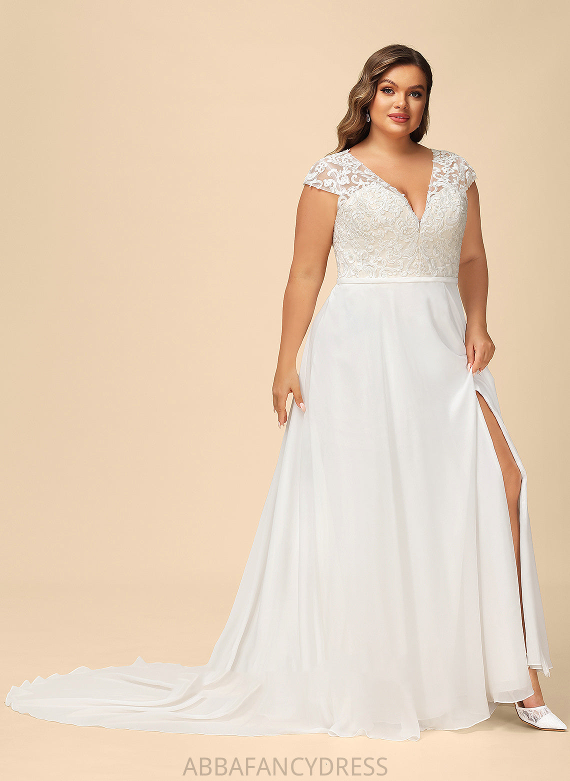 With Split A-Line Train Wedding Dresses Lace Wedding Front Sweep Dress Chiffon V-neck Fatima