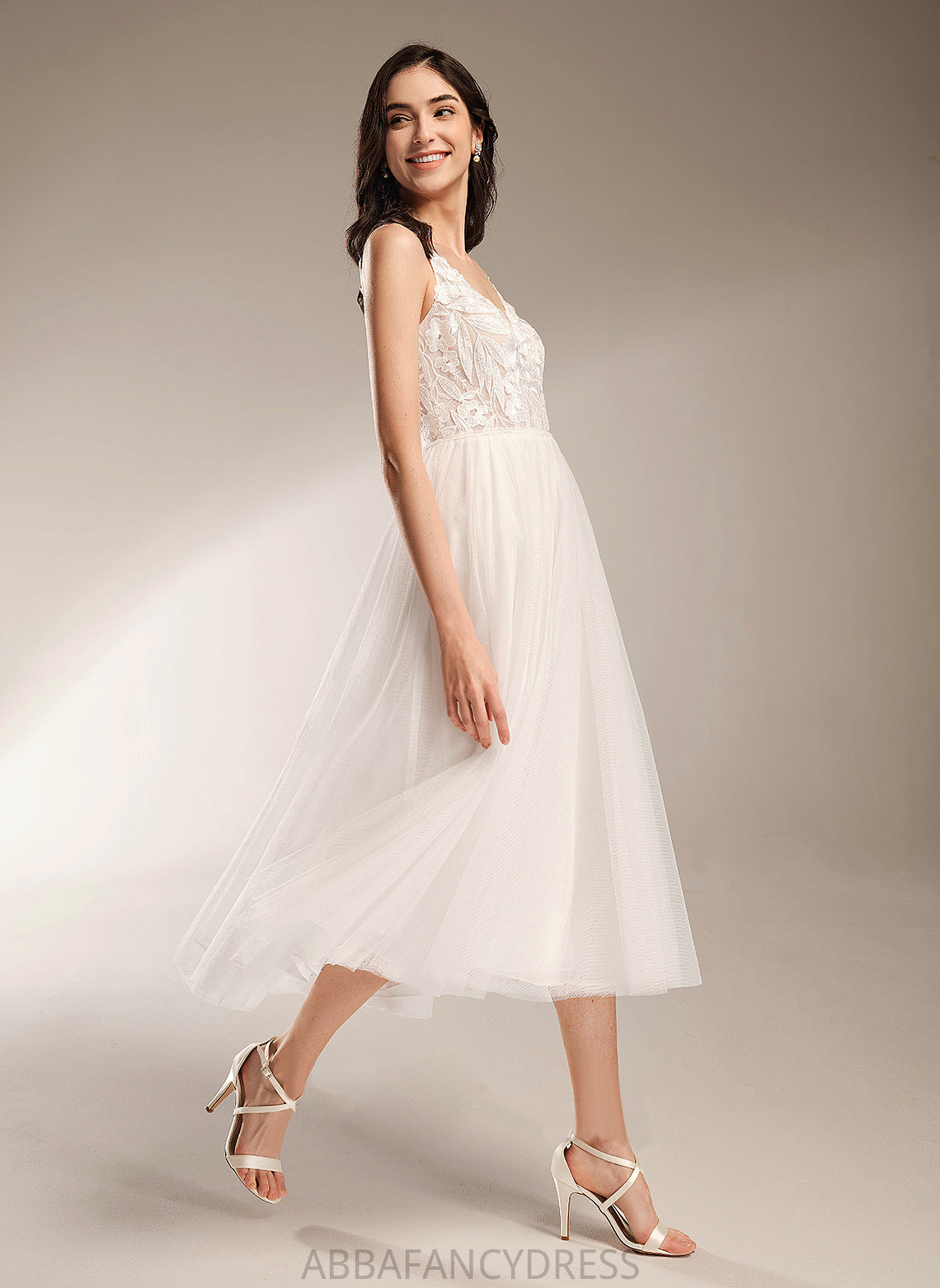 Lace A-Line Dress Tulle Tea-Length V-neck Kaylie Wedding Dresses Wedding