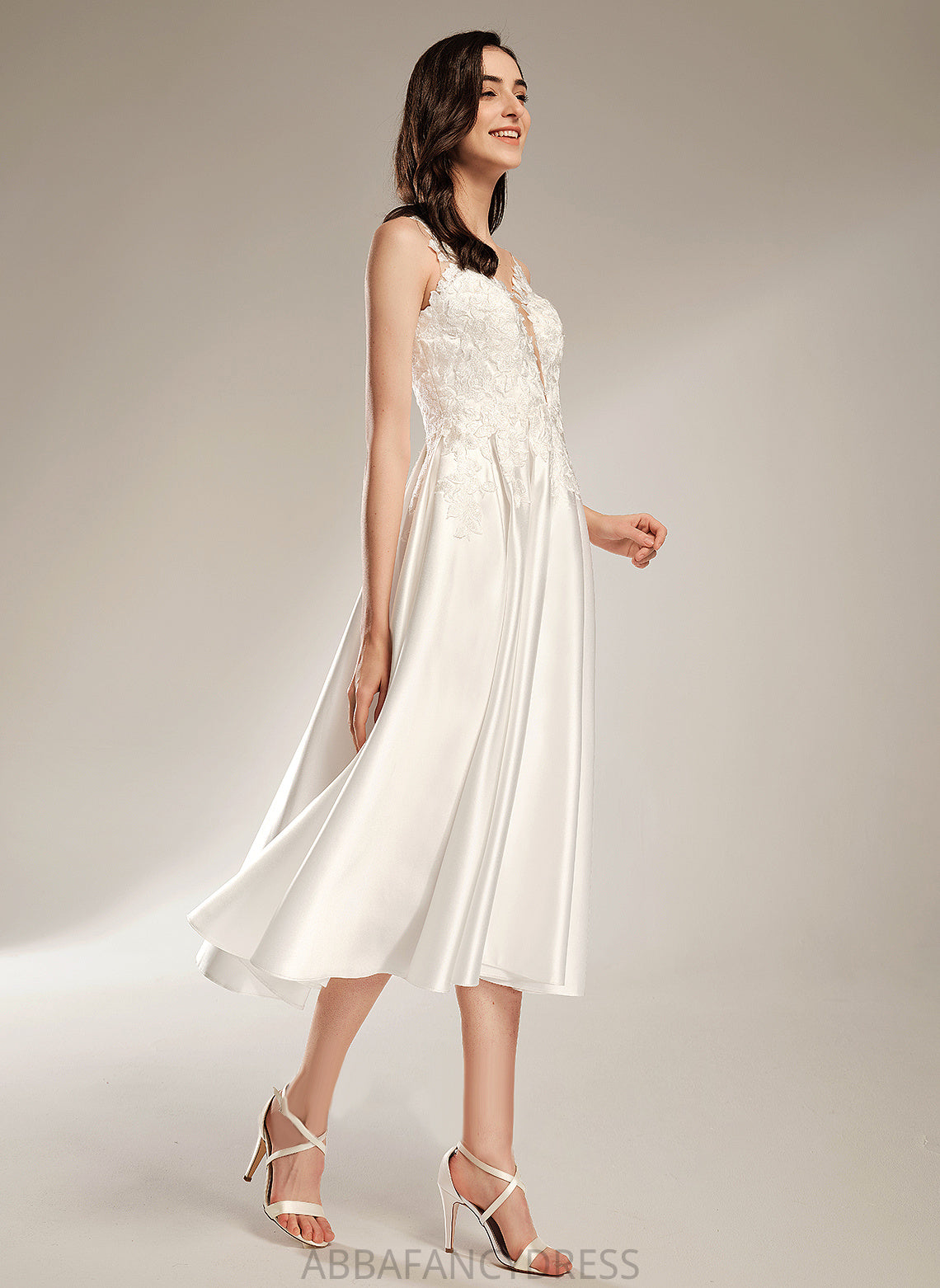 Pockets A-Line With Dress Prudence Lace V-neck Wedding Dresses Tea-Length Satin Wedding