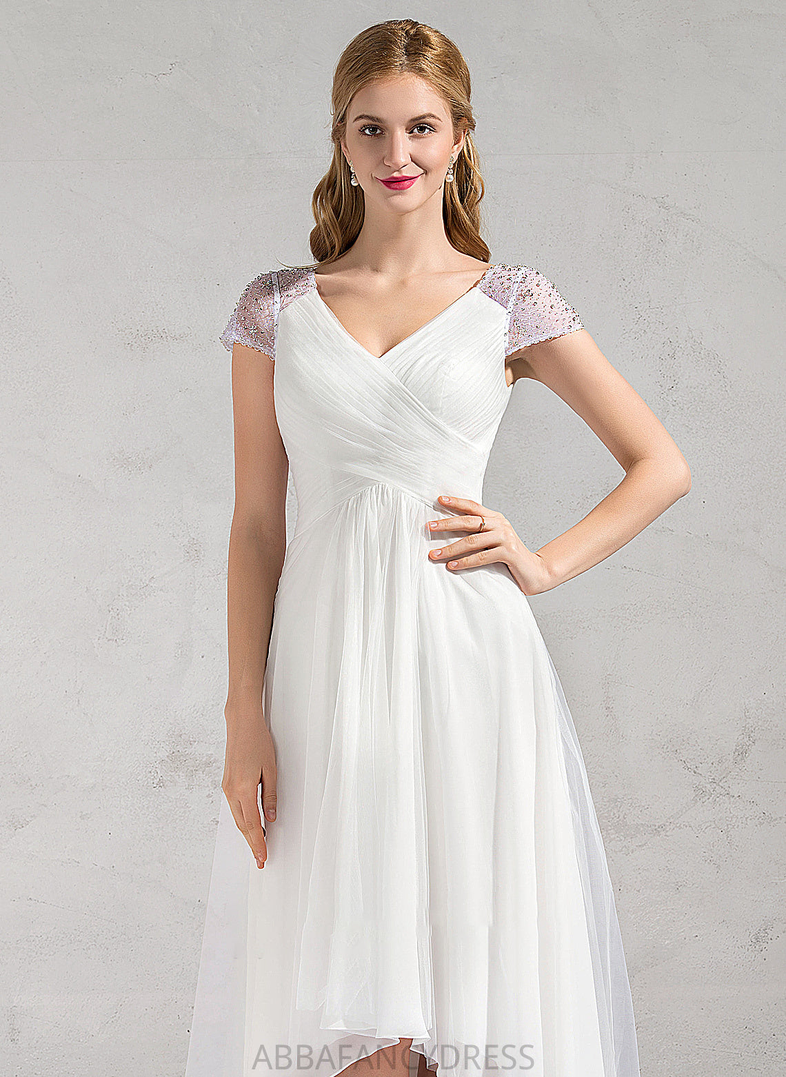 Sequins A-Line Asymmetrical Ruffle Wedding Wedding Dresses Karen Tulle Dress V-neck With Beading