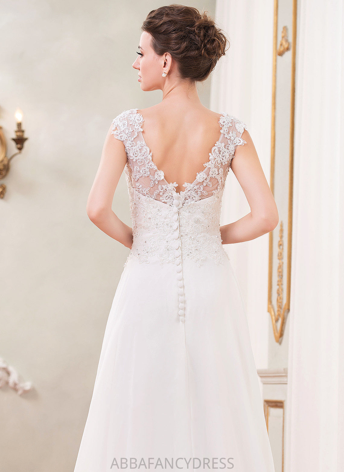 Beading Dress V-neck Chiffon Wedding A-Line Alina Wedding Dresses Sequins Train With Lace Sweep