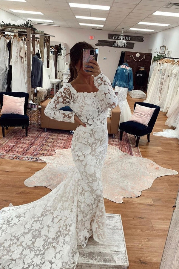 Gorgeous Square Neck Mermaid Lace Wedding Dresses