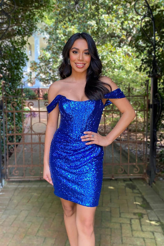 Sparkly Royal Blue Off The Shoulder Sequins Homecoming Dresses