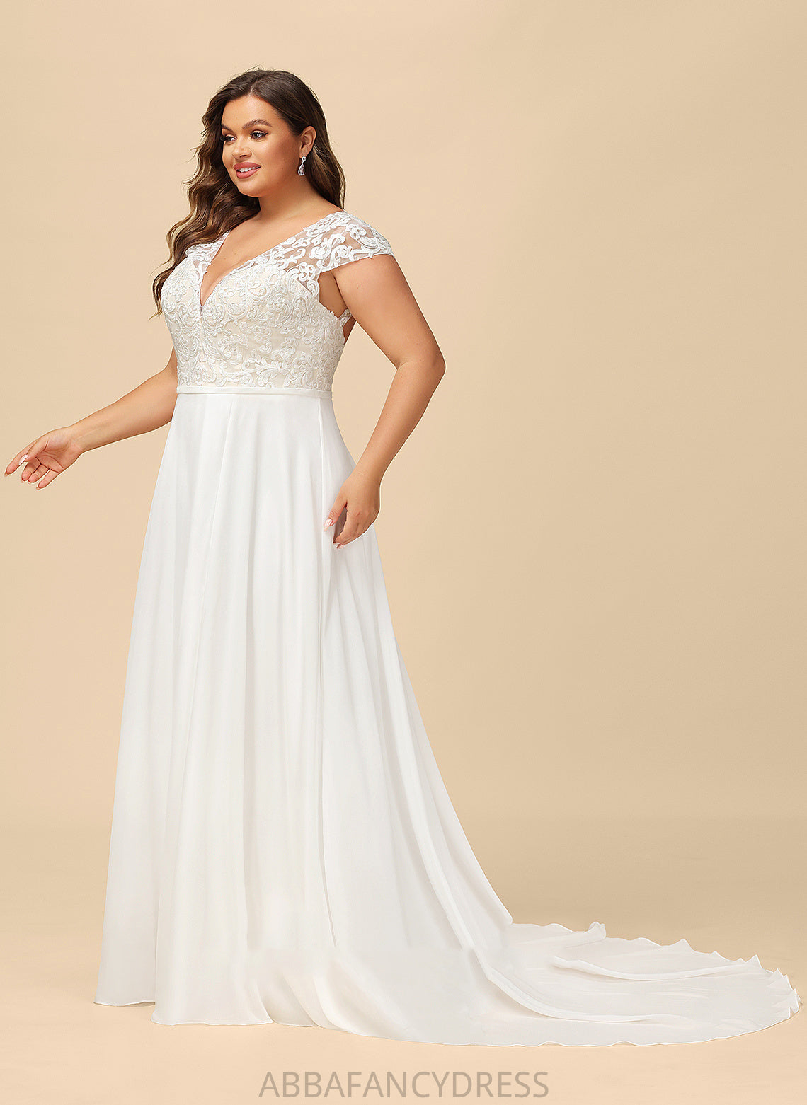 With Split A-Line Train Wedding Dresses Lace Wedding Front Sweep Dress Chiffon V-neck Fatima