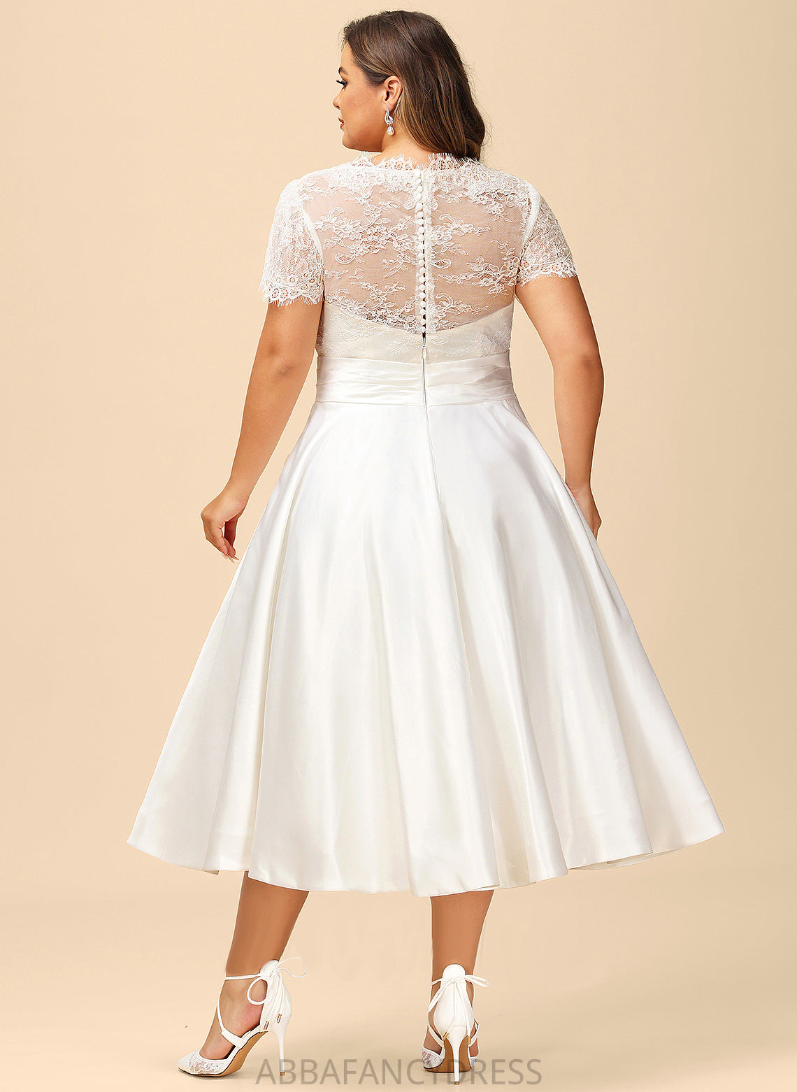 Ruffle Dress Tea-Length Lace With Emelia Wedding Dresses Wedding A-Line V-neck Satin