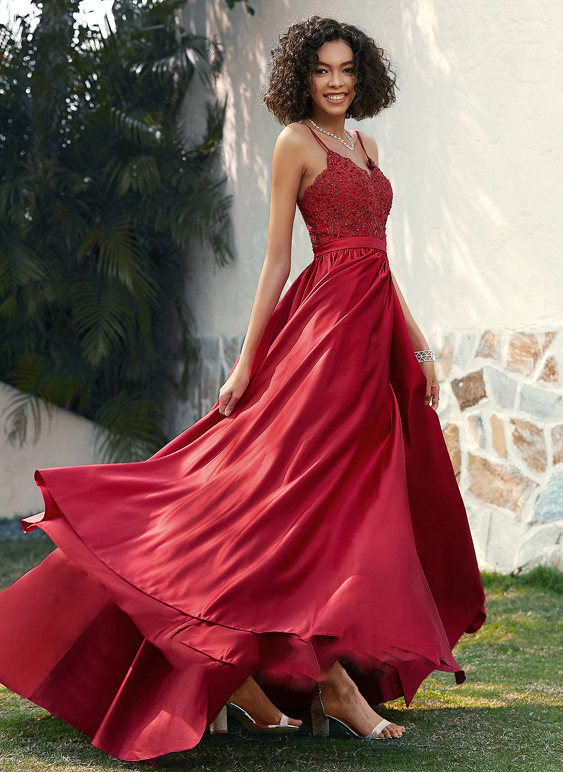 Prom Dresses Ball-Gown/Princess Satin Front Beading With Sweep Sequins Split Train V-neck Jaden