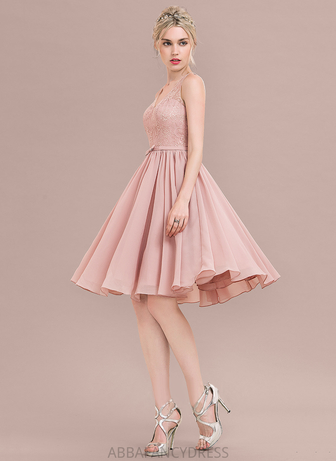 A-Line Lace Lace Knee-Length With Dress Bow(s) Homecoming Homecoming Dresses Chiffon Maia V-neck