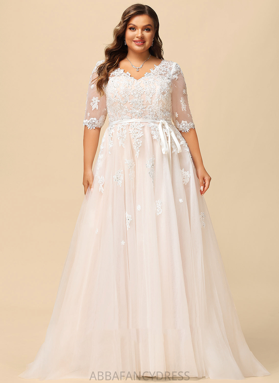 Anabel Appliques Court Wedding Dresses Dress Sequins V-neck With Wedding Train Ball-Gown/Princess Lace Satin Tulle Bow(s) Beading