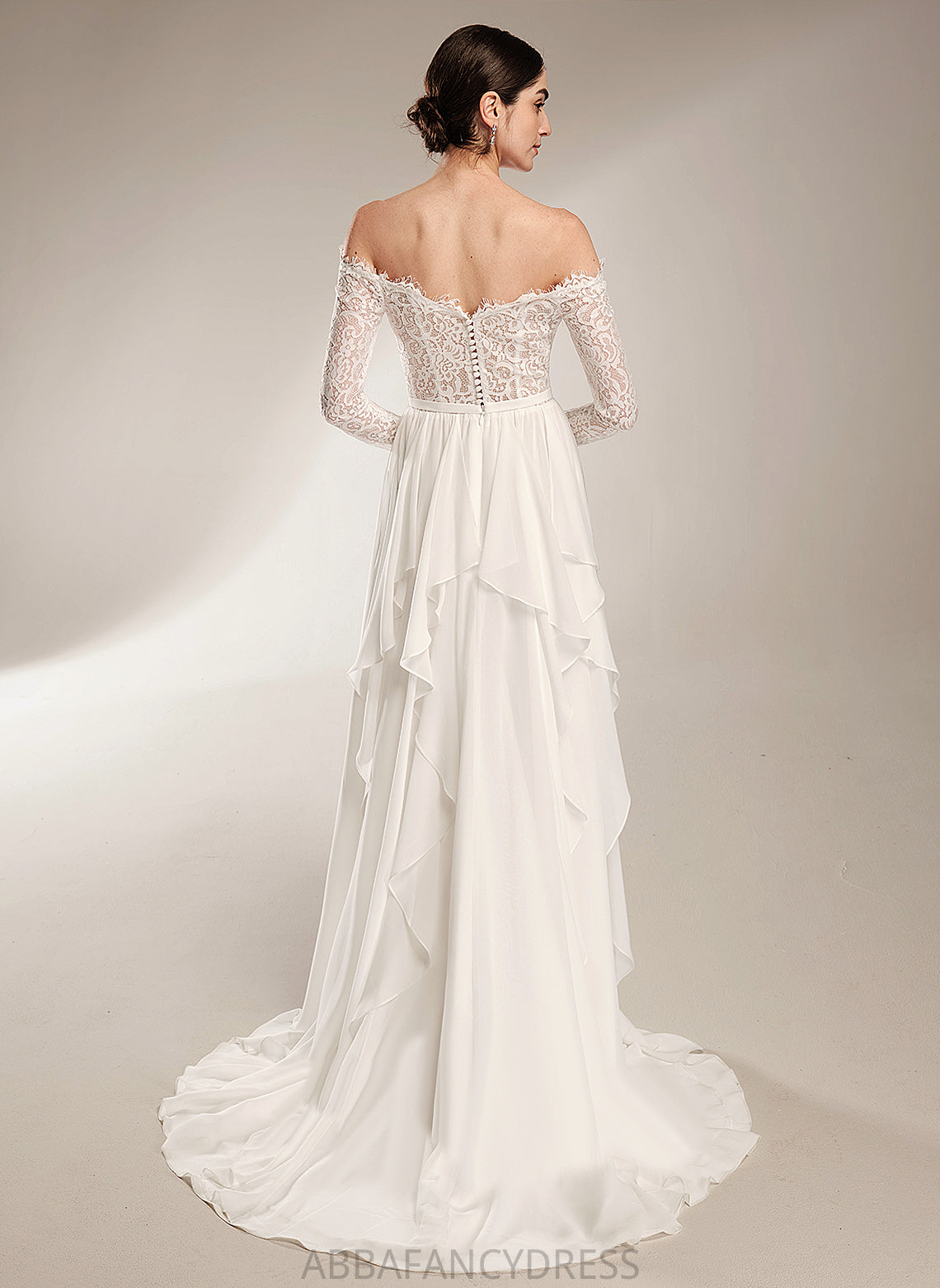 Wedding Dresses A-Line Wedding Train Chiffon Lace Nell Court Off-the-Shoulder With Dress Ruffle