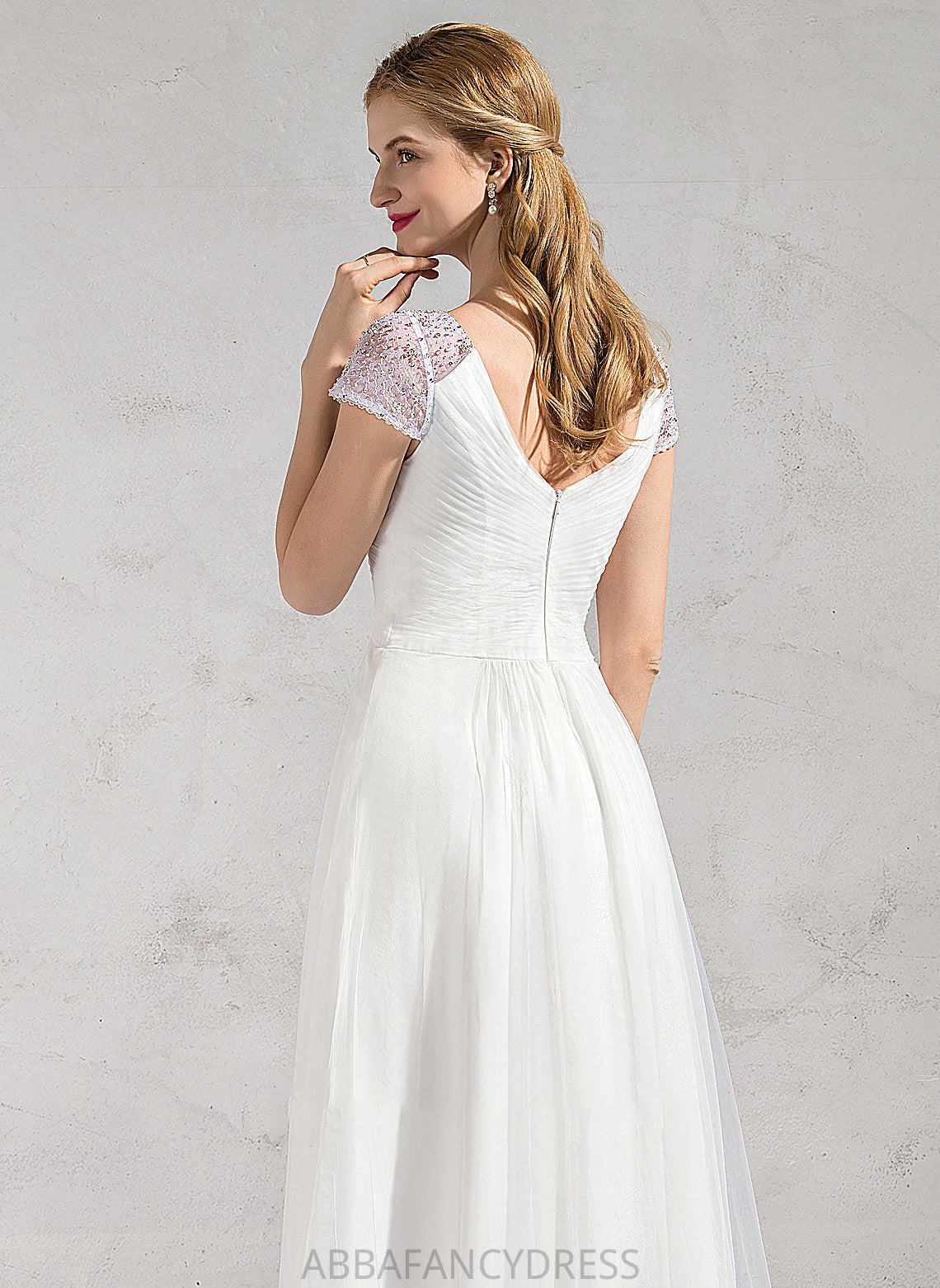 Sequins A-Line Asymmetrical Ruffle Wedding Wedding Dresses Karen Tulle Dress V-neck With Beading