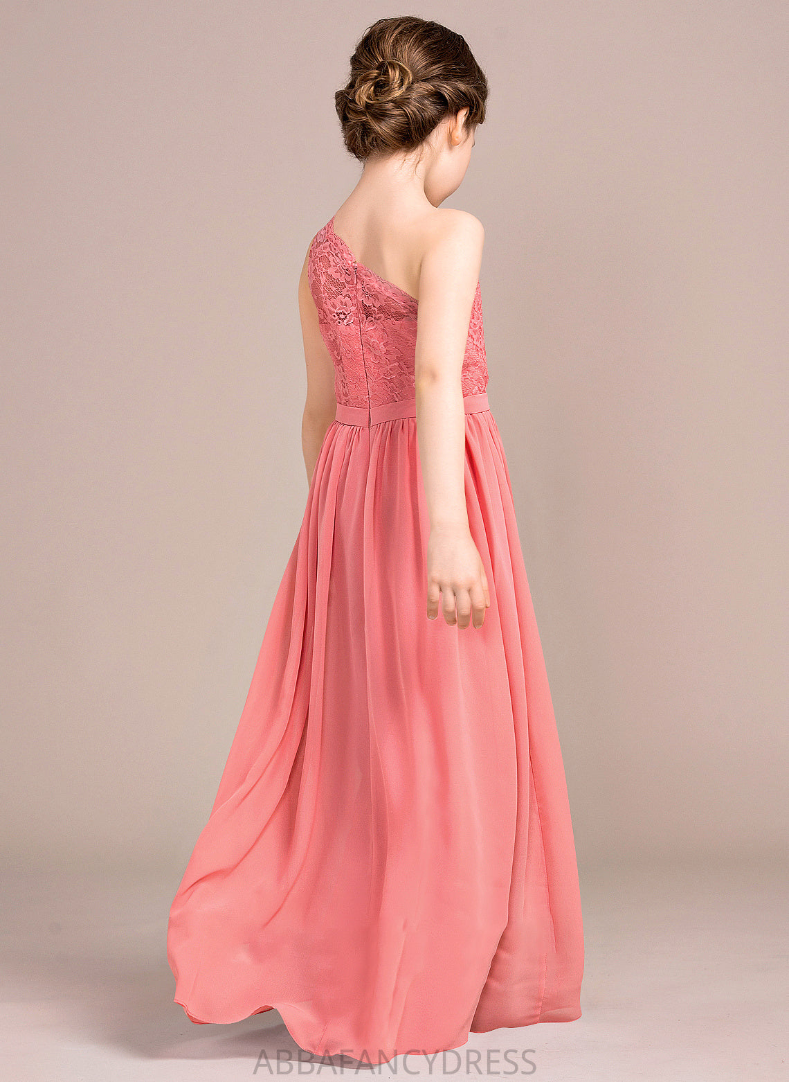 Libby A-Line One-Shoulder Lace Floor-Length Chiffon Junior Bridesmaid Dresses