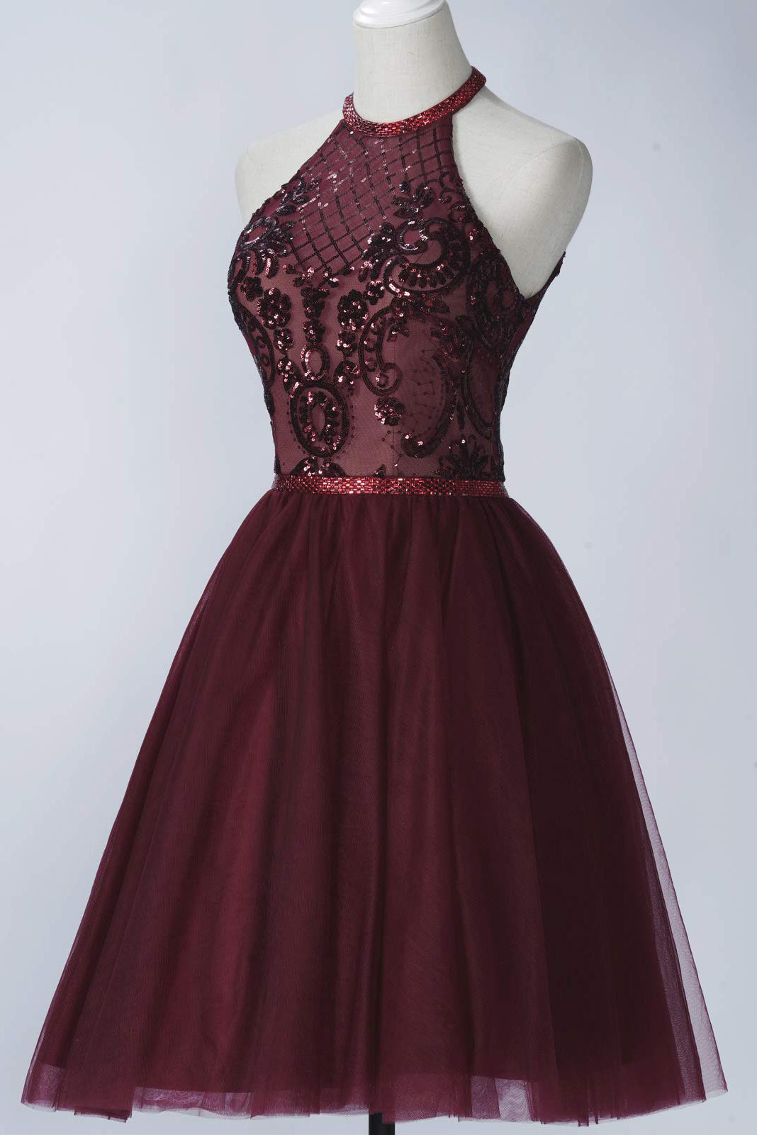 Burgundy Halter Sleeveless A Line Lace Tulle Short Homecoming Dresses