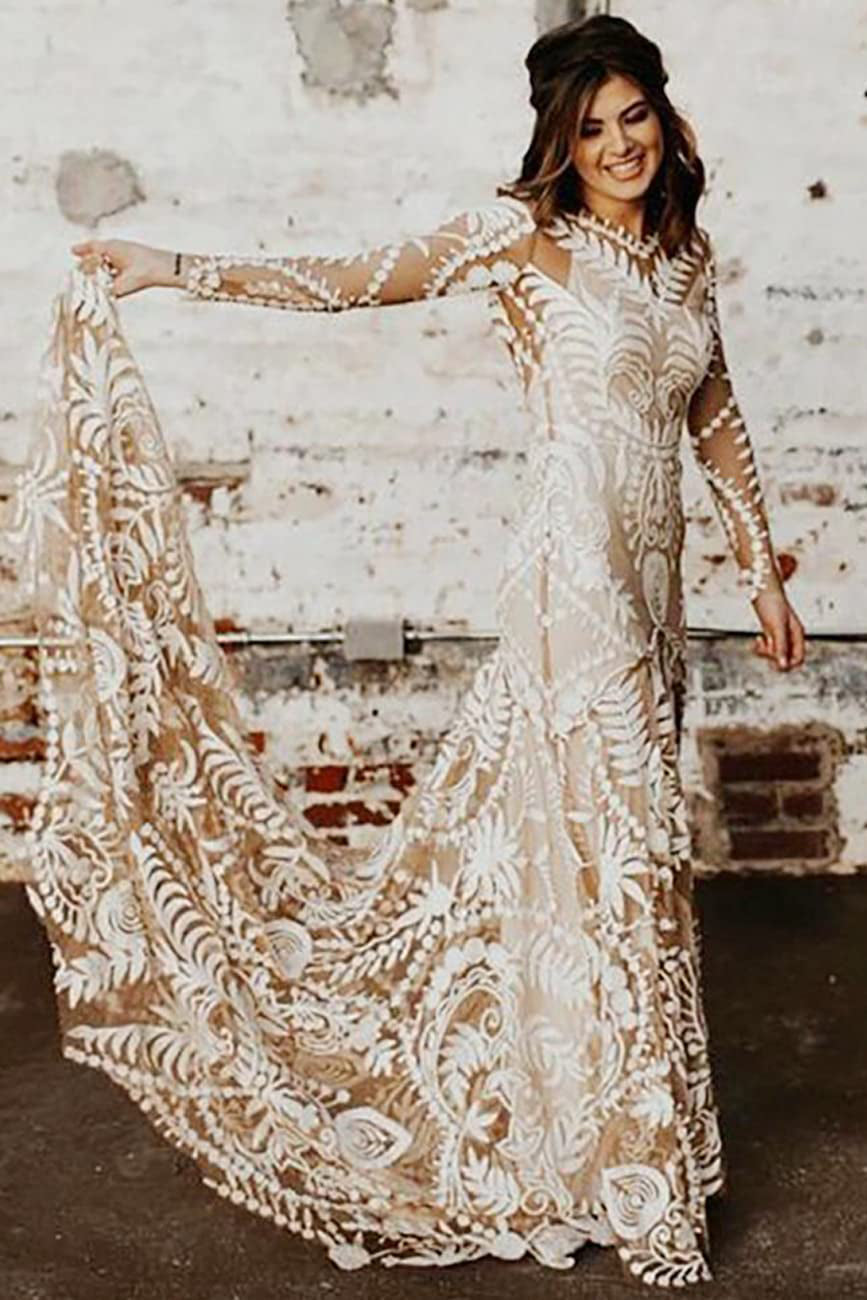 Unique Long Sleeves V Back Boho Beach Rustic Lace Wedding Dresses