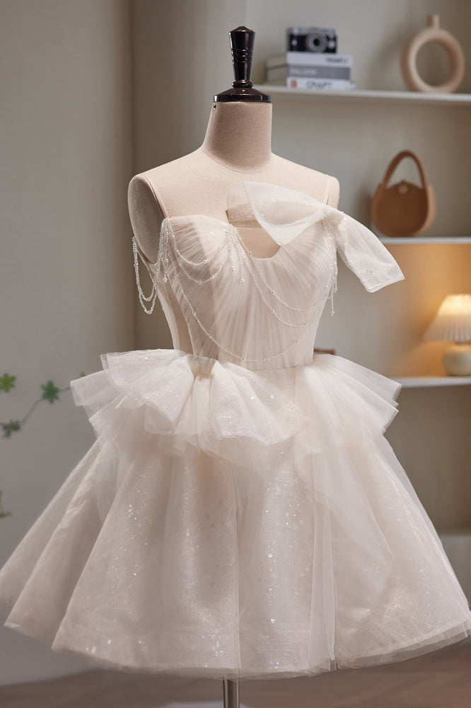 Stunning Ivory Spaghetti Straps Beading Tulle Short Homecoming Dresses