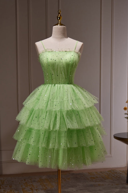 Sparkle Green Spaghetti Straps Sequins Tulle Short Homecoming Dresses