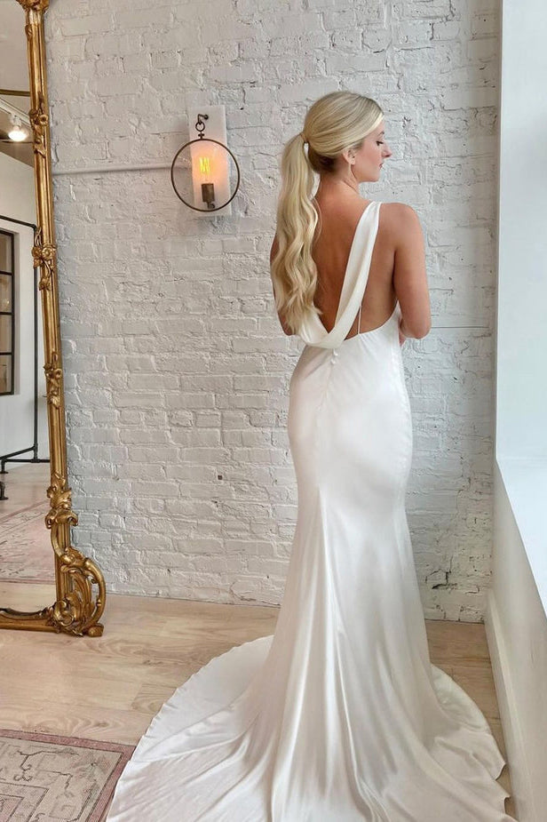 Elegant Mermaid Cowl Neck Satin Wedding Dresses