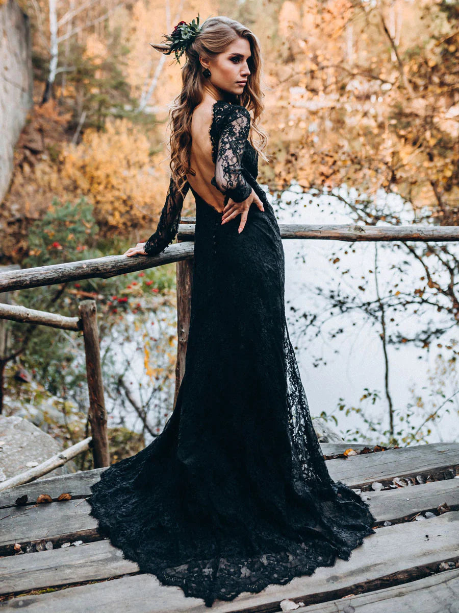 Black Sweetheart Long Sleeves Lace Backless Wedding Dresses