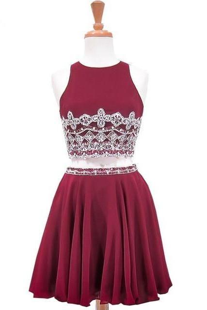 Sweet Party A-Line Scoop Neck Sleeveless Beaded Crystals Burgundy Two Piece Chiffon Homecoming Dresses Macey Short CD10031