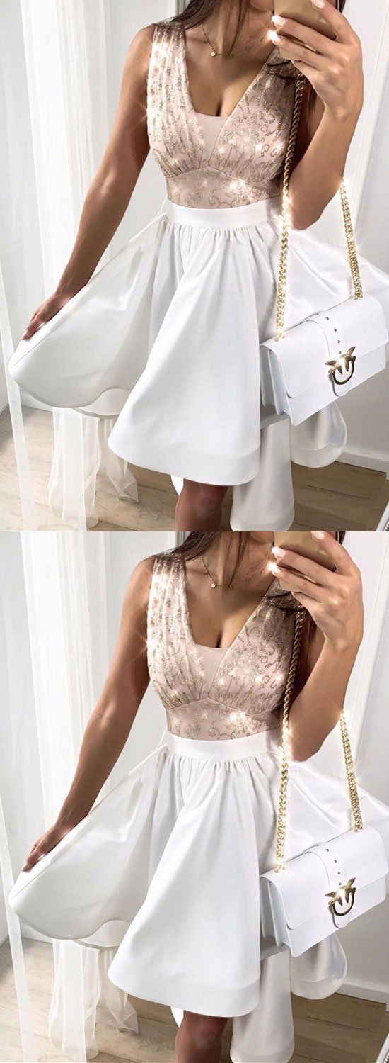 White V Neck Sequins Homecoming Dresses Elva Short Dress CD1010