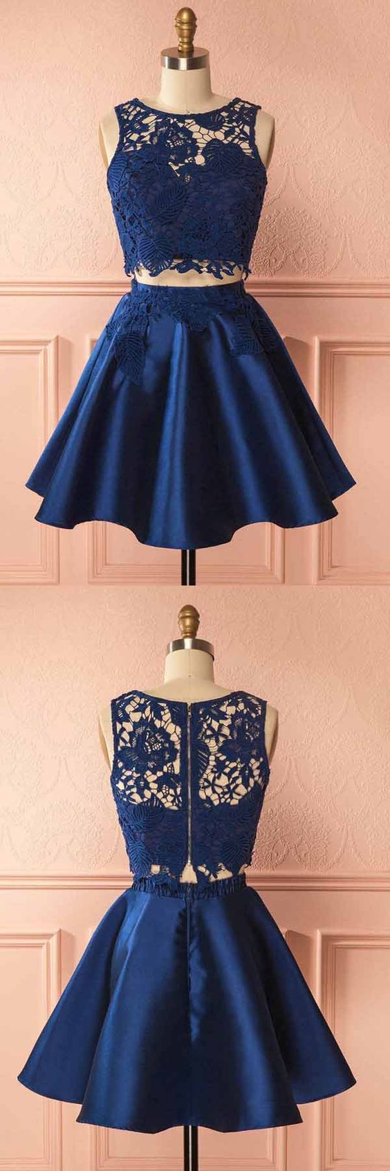 Two Piece Dark Charlee Lace Homecoming Dresses Satin Blue With Appliques CD10357