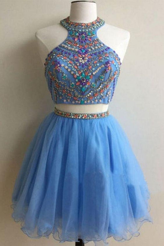 Light Blue Organza Beading Sequins A-Line Short For Homecoming Dresses Nell Two Pieces Teens Party Dresses CD10497