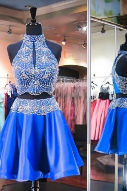 Royal Blue Yasmin Homecoming Dresses Satin Two Piece High Neck Keyhole Open Back Short Beaded CD10730