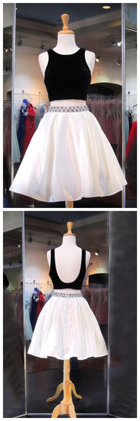 Two Piece Crew Knee-Length Backless With Ivory Homecoming Dresses Satin Phoebe Beading CD10732