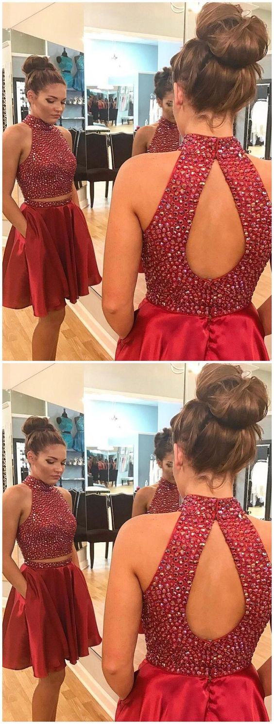 Sexy Two Piece Short Rhinestone Cute Kristen Homecoming Dresses Red CD1139