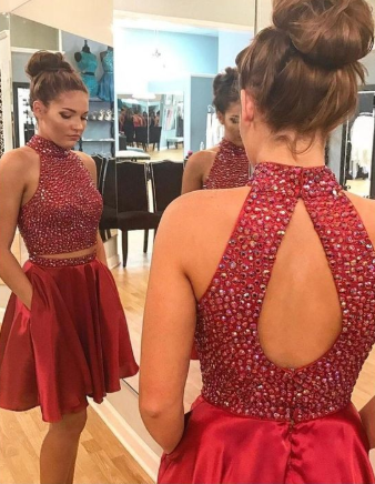 Sexy Two Piece Short Rhinestone Cute Kristen Homecoming Dresses Red CD1139