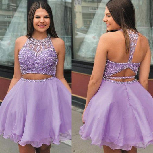 Purple Two Piece Dresses Short 2024 Beaded Halter Sexy Lavender Homecoming Dresses Payton Graduation Dress CD11563