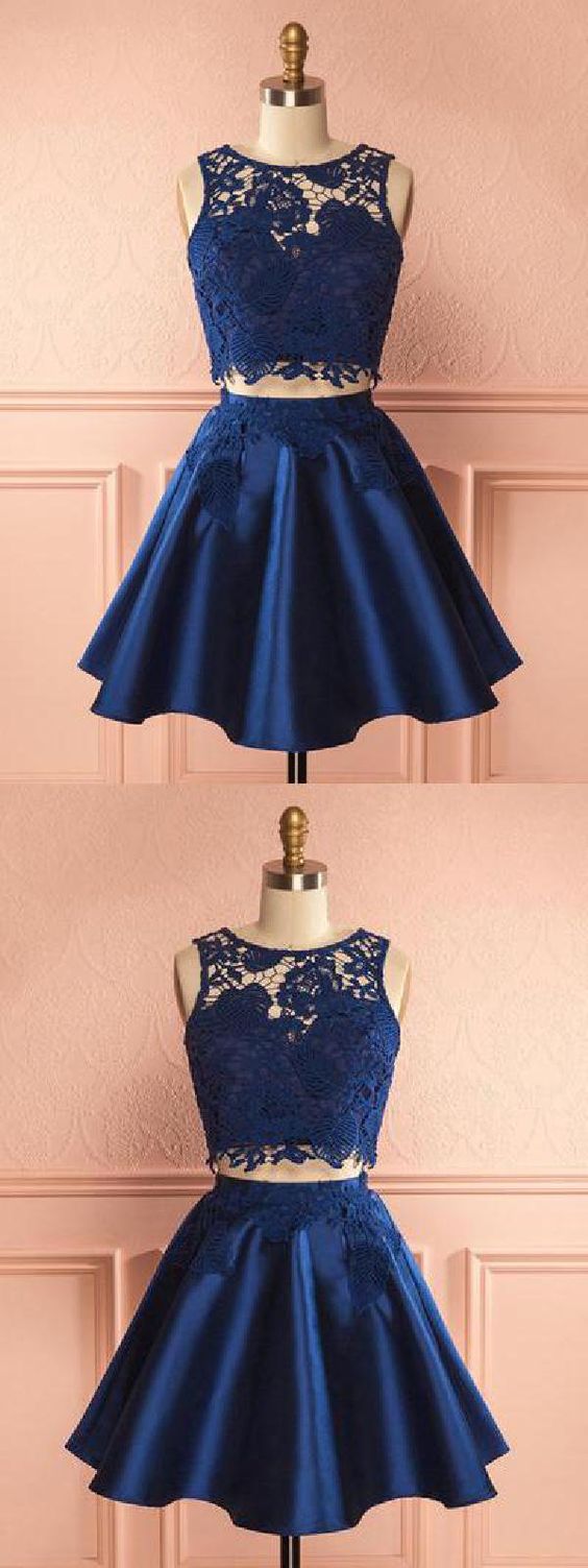 Sadie Satin Homecoming Dresses Two Pieces Navy Chic Dark Navy Party Dress CD120