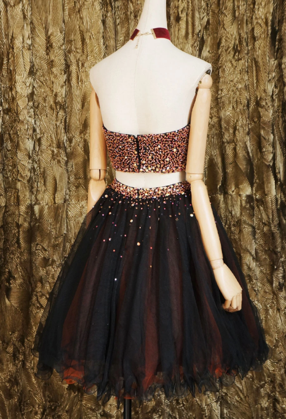 Black Beads Tulle Homecoming Dresses Two Pieces Danica Short Black CD12694