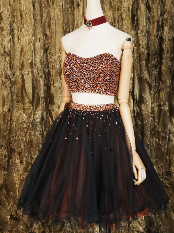 Black Beads Tulle Homecoming Dresses Two Pieces Danica Short Black CD12694