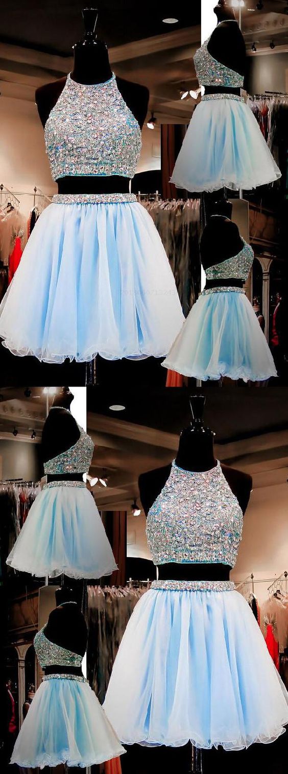 Two Piece A-Line Halter Organza Beaded Short Light Homecoming Dresses Elena Blue CD146