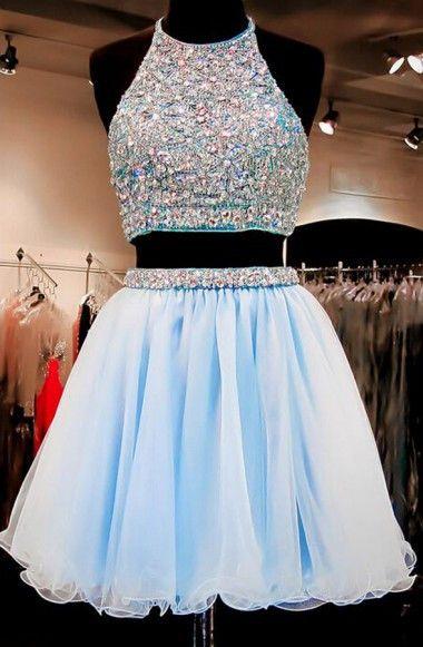 Two Piece A-Line Halter Organza Beaded Short Light Homecoming Dresses Elena Blue CD146