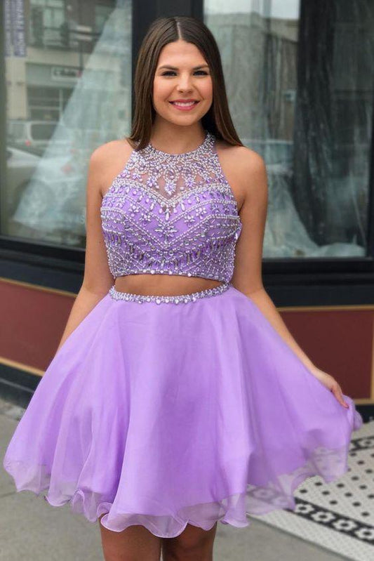 Two Piece Jewel Neck Aliana Homecoming Dresses Beading Lilac CD1486