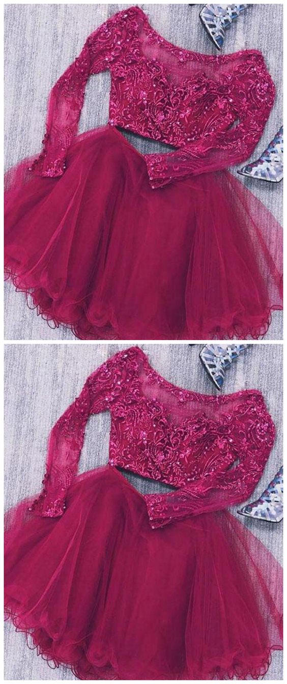 Two Piece Long Sleeves Tulle Eleanor Homecoming Dresses Lace Short With Beads CD1507