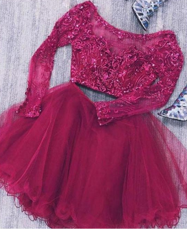 Two Piece Long Sleeves Tulle Eleanor Homecoming Dresses Lace Short With Beads CD1507