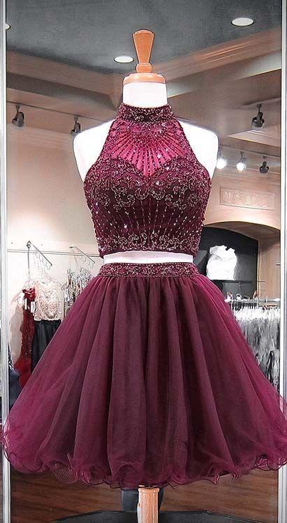 Burgundy Two Piece Keira Homecoming Dresses Beading Stylish Short Tulle Party Gowns CD1630