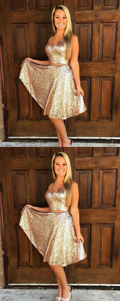 A-Line Gracelyn Two Pieces Homecoming Dresses V-Neck Sleeveless Gold Sequined CD1654