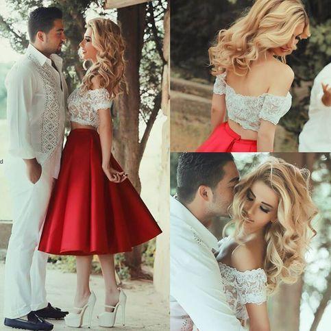 Two Piece Lace Haley Homecoming Dresses Satin Red Off-The-Shoulder White Short Sleeve Tea-Length Party Dresses CD167