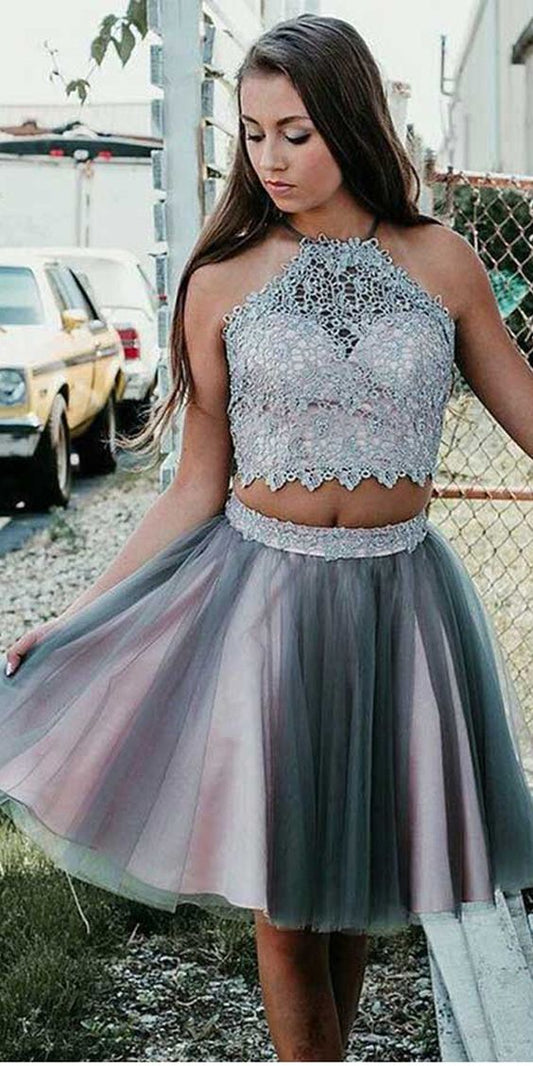 Grey Short Two Piece Lace Angelique Homecoming Dresses Halter Party Dress With CD2105