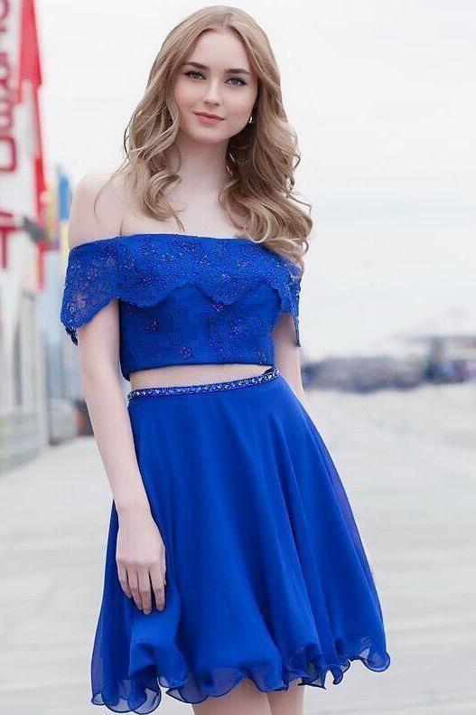 Two Piece Dress Sexy Short Abbie Lace Royal Blue Homecoming Dresses Party Dress For Party CD2133