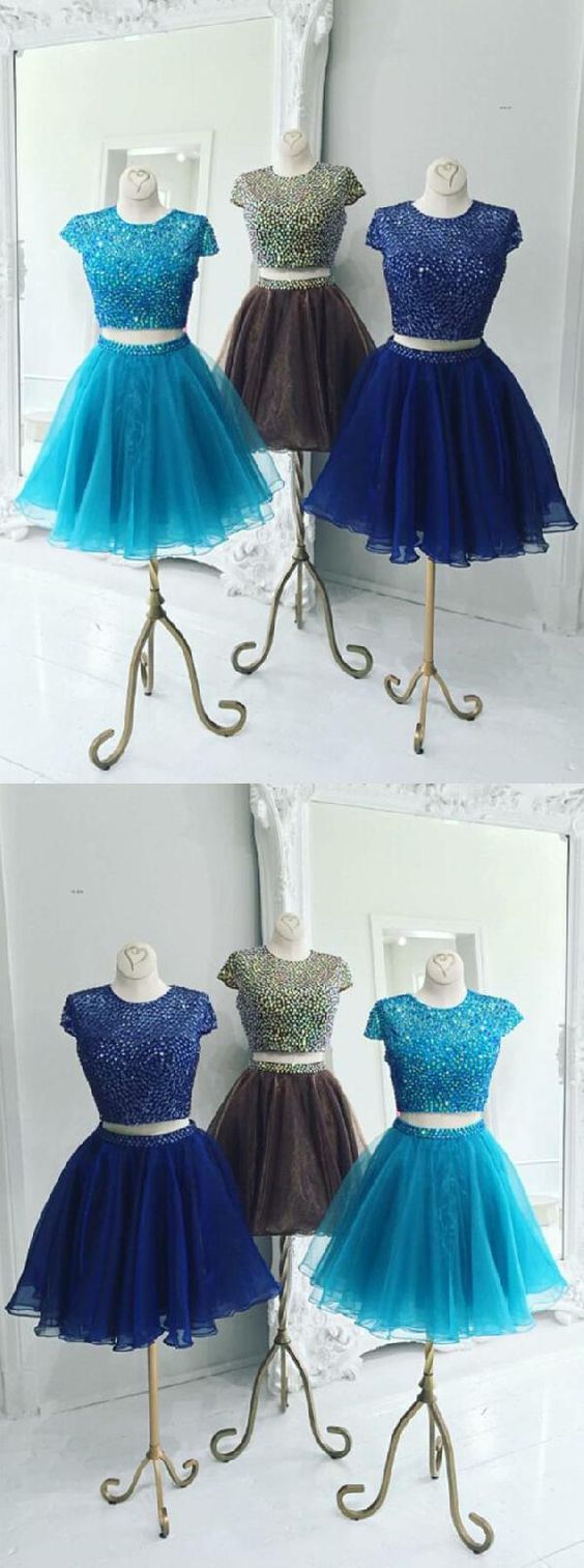 Beautiful Two Piece Stunning Two Piece Royal Blue Faith Homecoming Dresses Jewel Cap Sleeves Short Organza CD2135