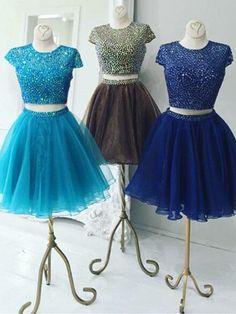 Beautiful Two Piece Stunning Two Piece Royal Blue Faith Homecoming Dresses Jewel Cap Sleeves Short Organza CD2135