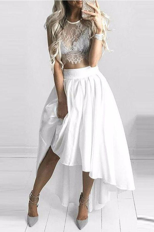 Classy White High Low Lace Two Pieces Homecoming Dresses Mckinley CD22538