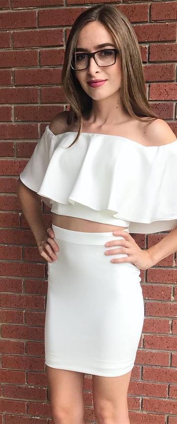 Sexy Two Piece Off The Shoulder Short Homecoming Dresses Destinee White Tight CD22881